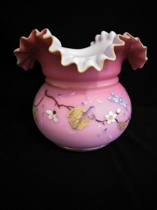 Vintage Fenton Satin Burmese Pink Hand - Painted Large Ruffled Vase Dragonflies
