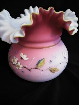 Vintage Fenton Satin Burmese Pink hand - painted large ruffled vase Dragonflies 2