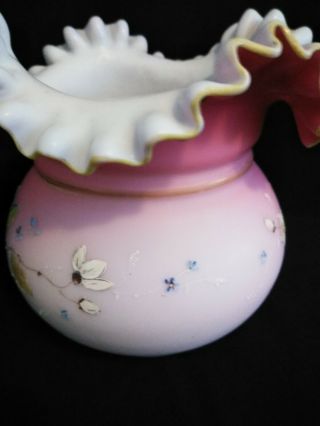 Vintage Fenton Satin Burmese Pink hand - painted large ruffled vase Dragonflies 4