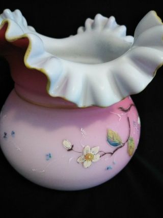 Vintage Fenton Satin Burmese Pink hand - painted large ruffled vase Dragonflies 5