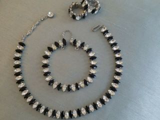 Vintage Black And Clear Rhinestone Silver Tone Necklace,  Bracelet & Earrings