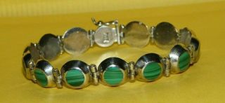 Vintage Modernist " 925 " Sterling Silver W/ Green Malachite 7 " Bracelet 20.  3g Nr