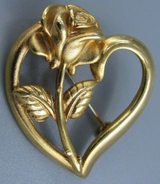 High End Vintage Jewelry Signed Roc Flower Heart Brooch Pin Rhinestone O