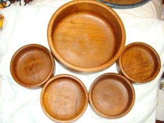 Vintage Five Piece Teak Wood Bowl Set 1 Large Salad Serving Bowl 4 Small Bowls
