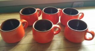 Vtg Danish Modern (6) Coffee Cup Mugs Frankoma Pottery 6c Orange Red Flame Brown