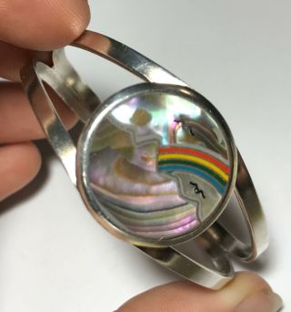 Vintage Sterling Silver 925 Abalone Rainbow Cuff Bangle Bracelet