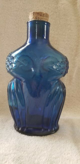 Vintage 60 ' s VIKING GLASS Blue Barn Owl Bottle - 7 1/2 