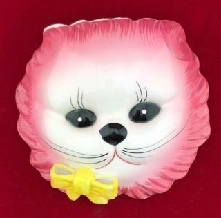 Vintage Pink Cat Head Wall Pocket / Planter Cat Yellow Bow