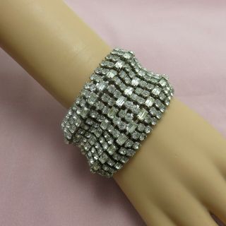 Vintage Statement Bracelet 11 Row Clear Crystal Rhinestone Wide 7.  25 " Chain 298m