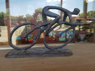 Vtg Art Deco Cast Iron Brutalist Racing Cyclist Sculpture Bicycle Rider Statue