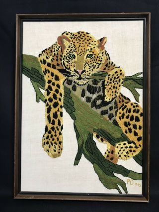 Vintage Leopard Picture Crewel Embroidery 1970s Boho Big Cat Jungle Art