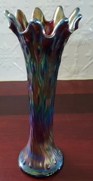 Vintage Amethyst Blue Carnival Iridescent Glass Tree Trunk Ruffle Vase
