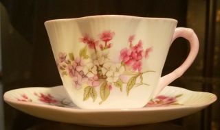 Vintage Shelley England " Stocks " Tea Cup And Saucer Dainty Shaped Pink Trim