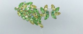 Vintage Green Rhinestone Leaf Brooch And Matching Clip On Earrings