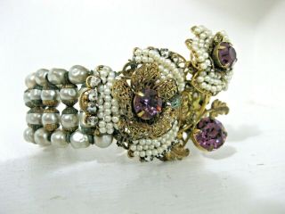 Vintage Stamped Germany Art Deco Purple Stone Floral Beaded Bracelet