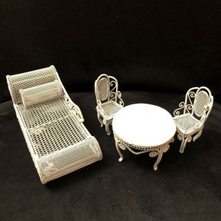 Vintage Dollhouse Wire Wicker Furniture Set Chaise Table 2 Chairs Patio Garden