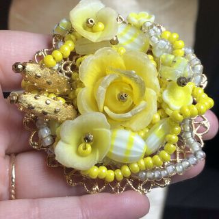 Vtg Large Miriam Haskell Flower Brooch Pin Yellow Rose Glass