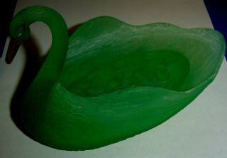 Vintage 2 Piece Frosted Green Vaseline Glass Swan With Oval Flower Frog 10 Hole