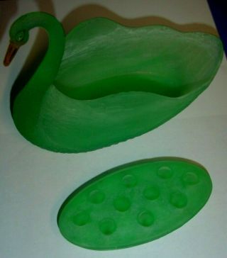 Vintage 2 Piece Frosted Green Vaseline Glass Swan With Oval Flower Frog 10 Hole 2