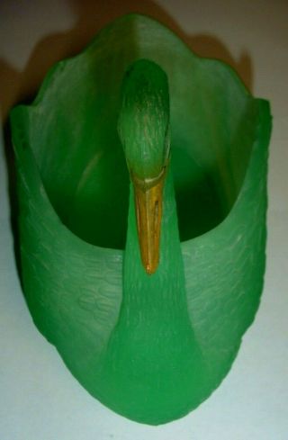 Vintage 2 Piece Frosted Green Vaseline Glass Swan With Oval Flower Frog 10 Hole 3