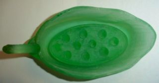 Vintage 2 Piece Frosted Green Vaseline Glass Swan With Oval Flower Frog 10 Hole 8