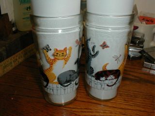 2 Vintage Glasses Dancing Cats On Fence Anchor Hocking Jelly Jars Drinking