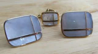 Mens Vintage Art Deco Mother Of Pearl Cufflinks With Tie Tac Costume Jewelry D57