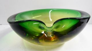 Vintage Murano Green & Amber Art Glass Bowl Mid Century
