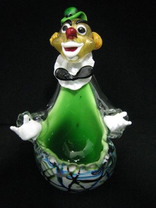 Vintage Blown Glass Clown Blunt Ashtray Green & White W Gold Flakes Quality Art