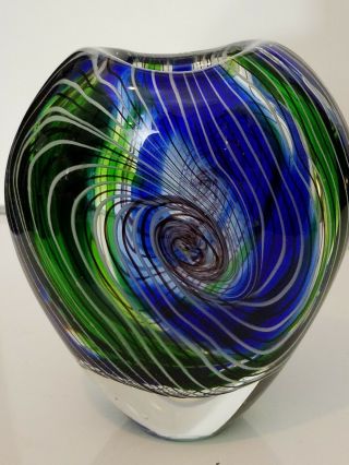 Vintage Murano Art Glass Latticino Blue & Green Maestro Italy Vase 6lbs Heavy