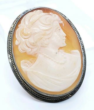 Vintage Signed 925 Sterling Silver Hand Carved Cameo Shell Victorian Lady Brooch