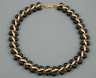 Vintage Signed Monet Gold Tone Metal & Black Plastic Weaved Bead Necklace 18 "