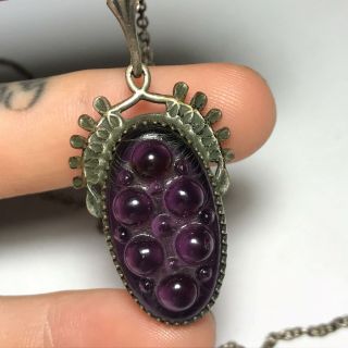 Vtg Sterling Silver Purple Glass Grape Necklace Charm Pendant