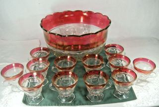 Vintage Cranberry To Clear Glass Punch Bowl And 12 Cups