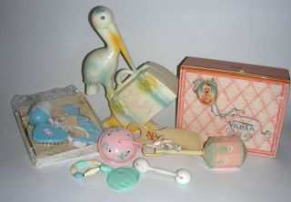 8 Vintage Celluloid / Plastic Baby Rattles,  More Items
