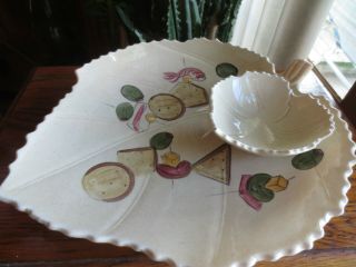 Vintage Pottery Leaf Shaped Shellfish Serving Dish Or Chip And Dip Usa