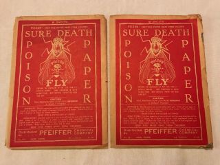 2 Sure Death Poison Paper Traps Vintage Packages,  Pfeiffer Chemical