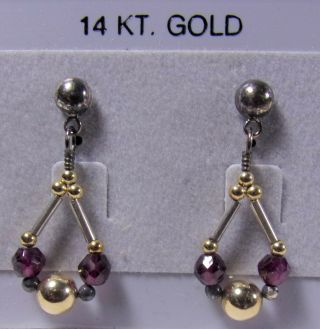 Vintage 14k Yellow Gold,  Sterling Silver Amethyst Crystal Dangle Earrings 1970s