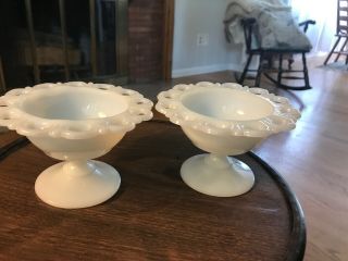 2 Vintage White Milk Glass Lace Edged Footed Candy / Bonbon / Trinket Dish 3x5”