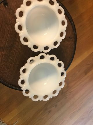 2 Vintage White Milk Glass Lace Edged Footed Candy / BonBon / Trinket Dish 3x5” 2