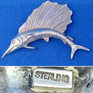 83x60mm 26g Vintage Sterling Silver Swordfish Pin Statement Brooch Fishing