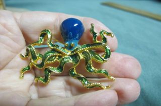 Vintage Mfa Museum Of Fine Arts Gold Tone W/ Blue & Green Enamel Octopus Brooch