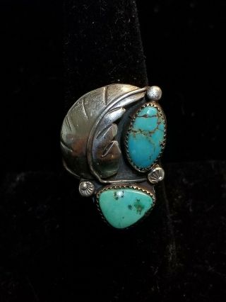Vintage Navajo Sterling Silver Old Pawn Blue Turquoise Floral Leaf Ring Size 8