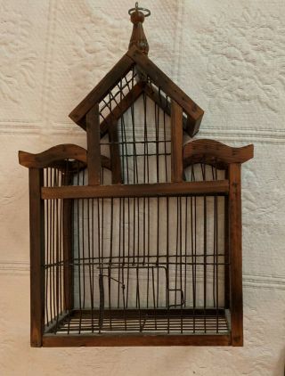 Vtg Primitive Wood Metal Wire Hanging Bird Cage House Decor
