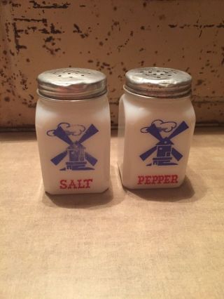 Vintage Hazel Atlas Dutch Windmill White Milk Glass Salt & Pepper Shaker Set