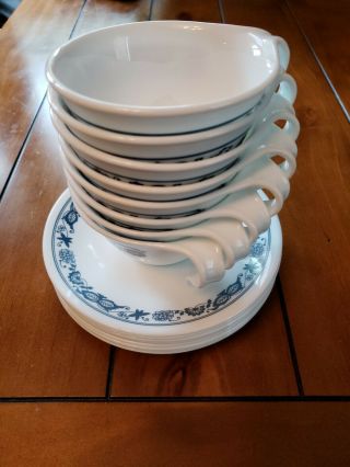 Corelle Vtg Old Town Blue Onion 8 Hook Tea Cups And Saucers Lovely Set