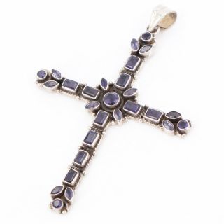 Vtg Sterling Silver - Iolite Cluster Cross Religious Pendant - 24g