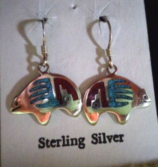 Vintage Native Bear Claw Paw Sterling Silver Turquoise Coral Chip Inlay Earrings