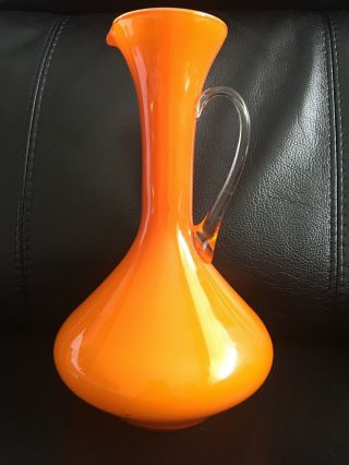 Vintage Orange Pitcher Vase With Clear Applied Handle 11”