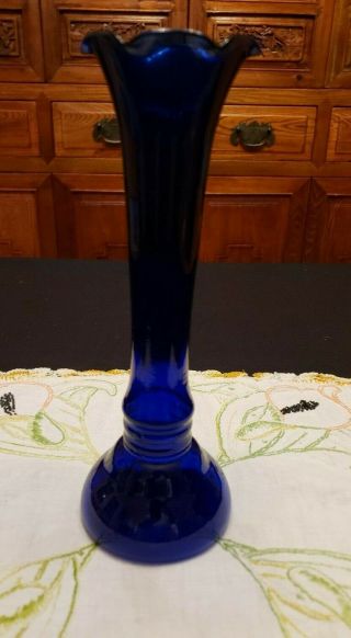 Slender Scalloped Vintage Cobalt Blue Bud Vase 9 " Tall